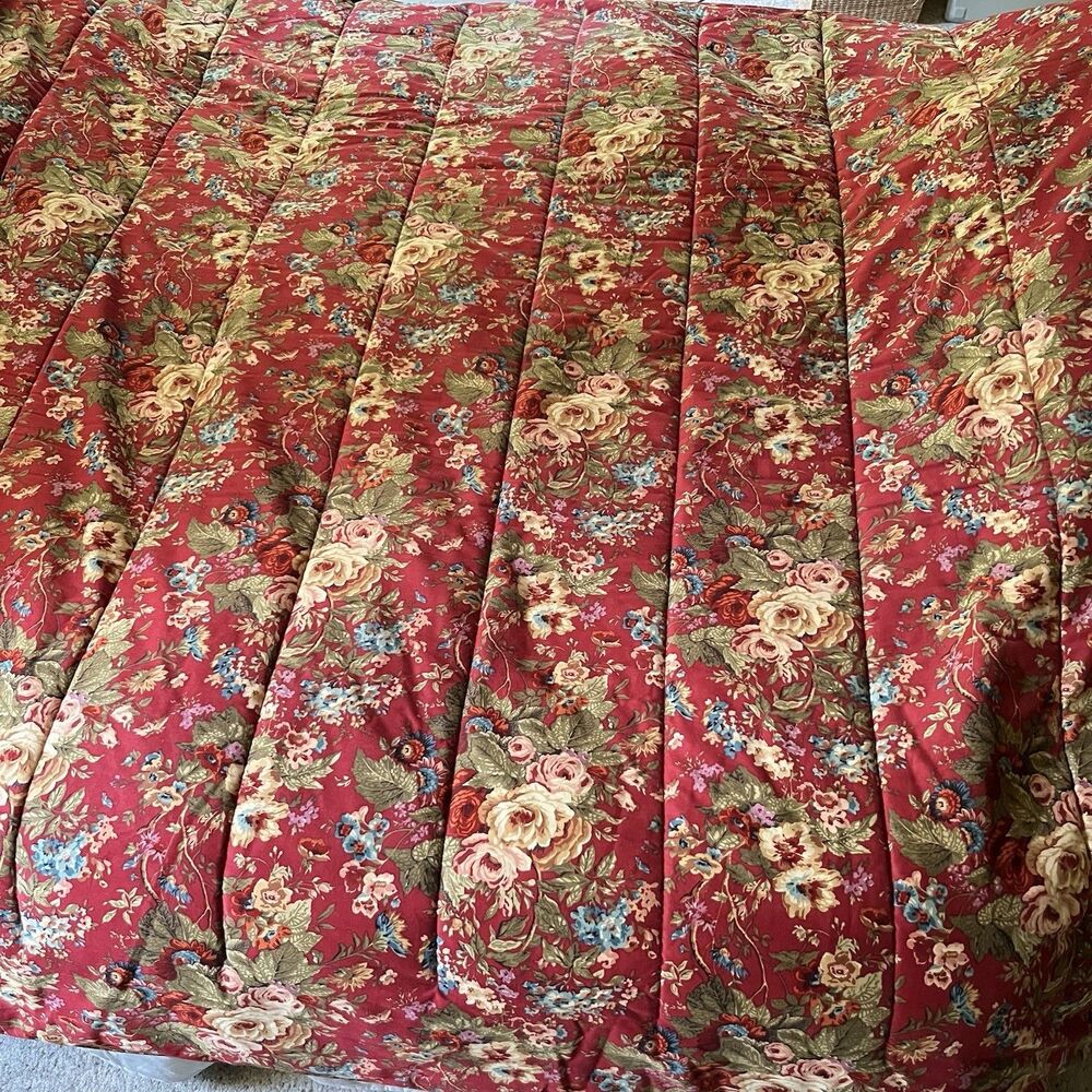 Ralph Lauren VTG Chaps Summerton Red Floral/Houndstooth Queen comforter 93x94